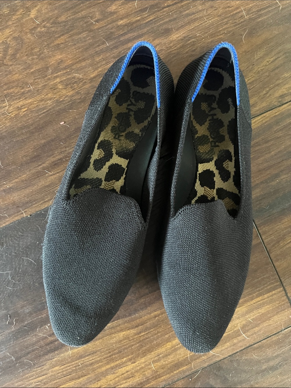 Women's Black Rothy’s Knit Slip-On Flats with Leopard Insole